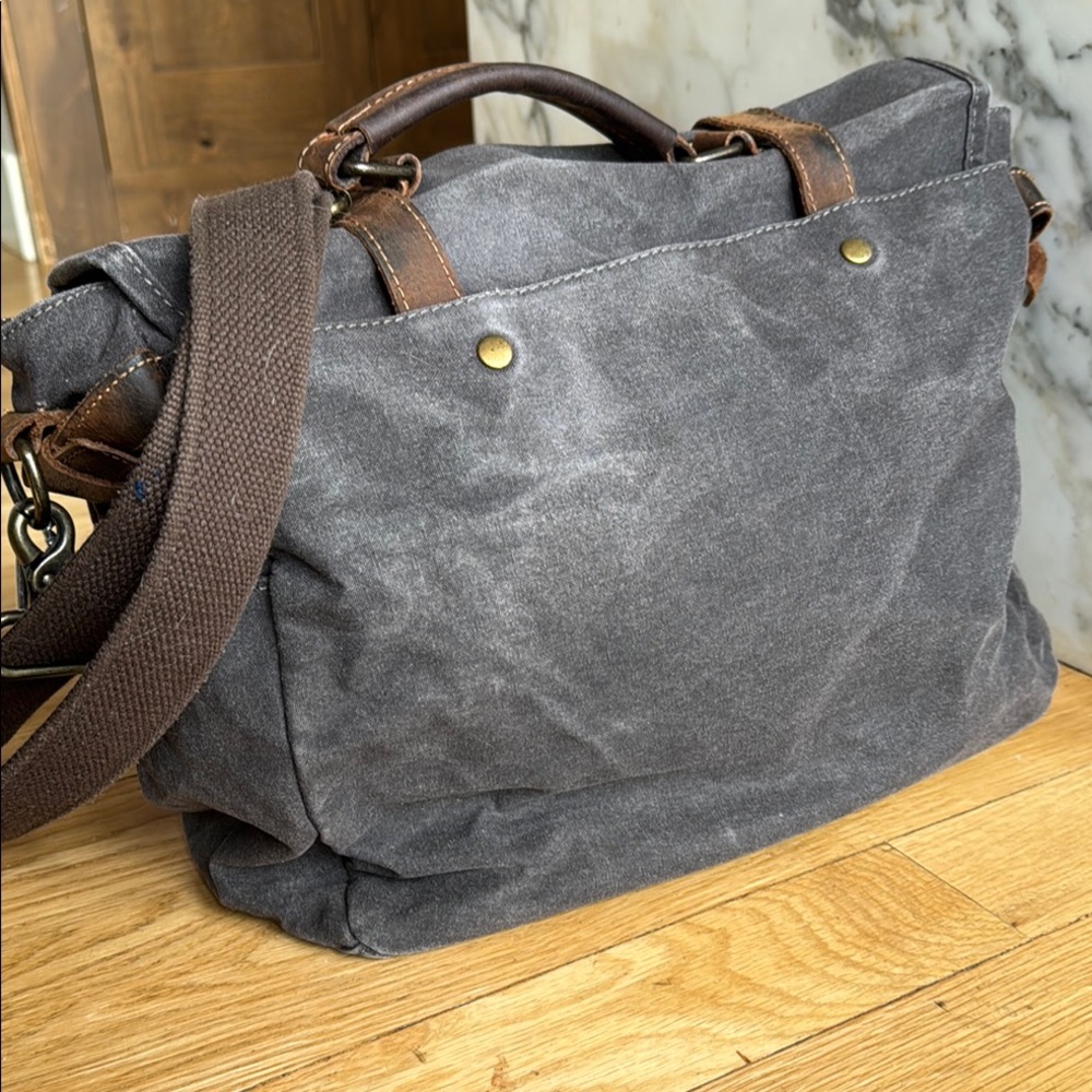 Waxed Canvas Messenger Bag with Leather Accents - Picture 4 of 13
